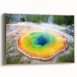 Framed canvas of Yellowstone landscape with muted earth tones, ideal for bedroom wall art.
