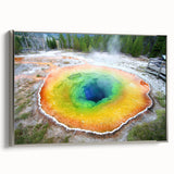 Landscape art painting of Yellowstone on a framed canvas, featuring vibrant colors and a vintage poster style.