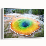 Vintage poster art of Yellowstone scenery on a framed canvas, featuring colorful art in extra large size.