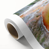 Art deco poster of Yellowstone scenery with muted green and brown tones on rolled canvas, ideal for nursery wall art.