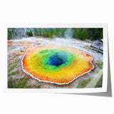 Yellowstone landscape with vibrant green and blue tones on rolled canvas, suitable for art wall dining room.