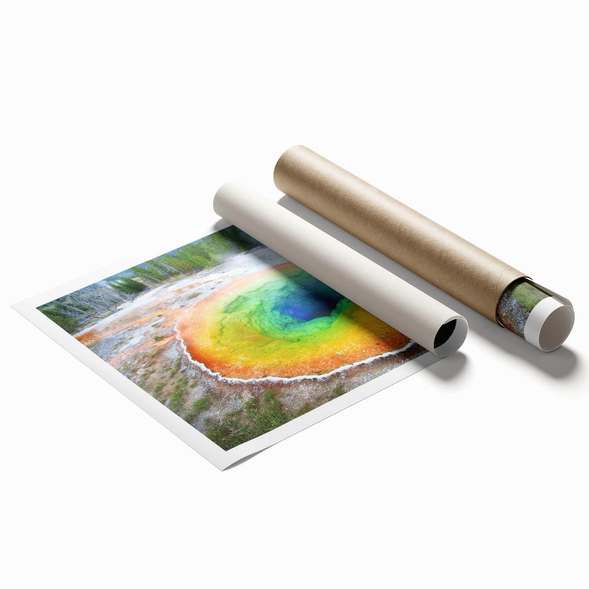 Yellowstone scenic landscape on rolled print, featuring vivid green and blue tones, ideal for large living room wall art.