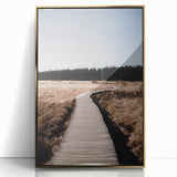 Acrylic print of a mid-century modernist fall scene with warm gold and orange tones.