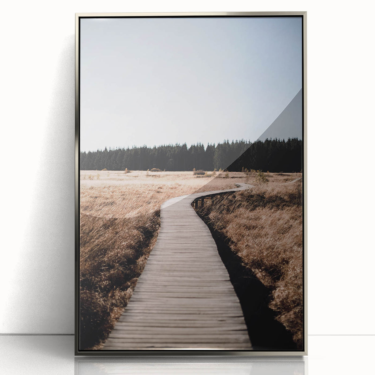 Mid-century modernist art depicting autumn trees in orange and brown tones, framed acrylic print.