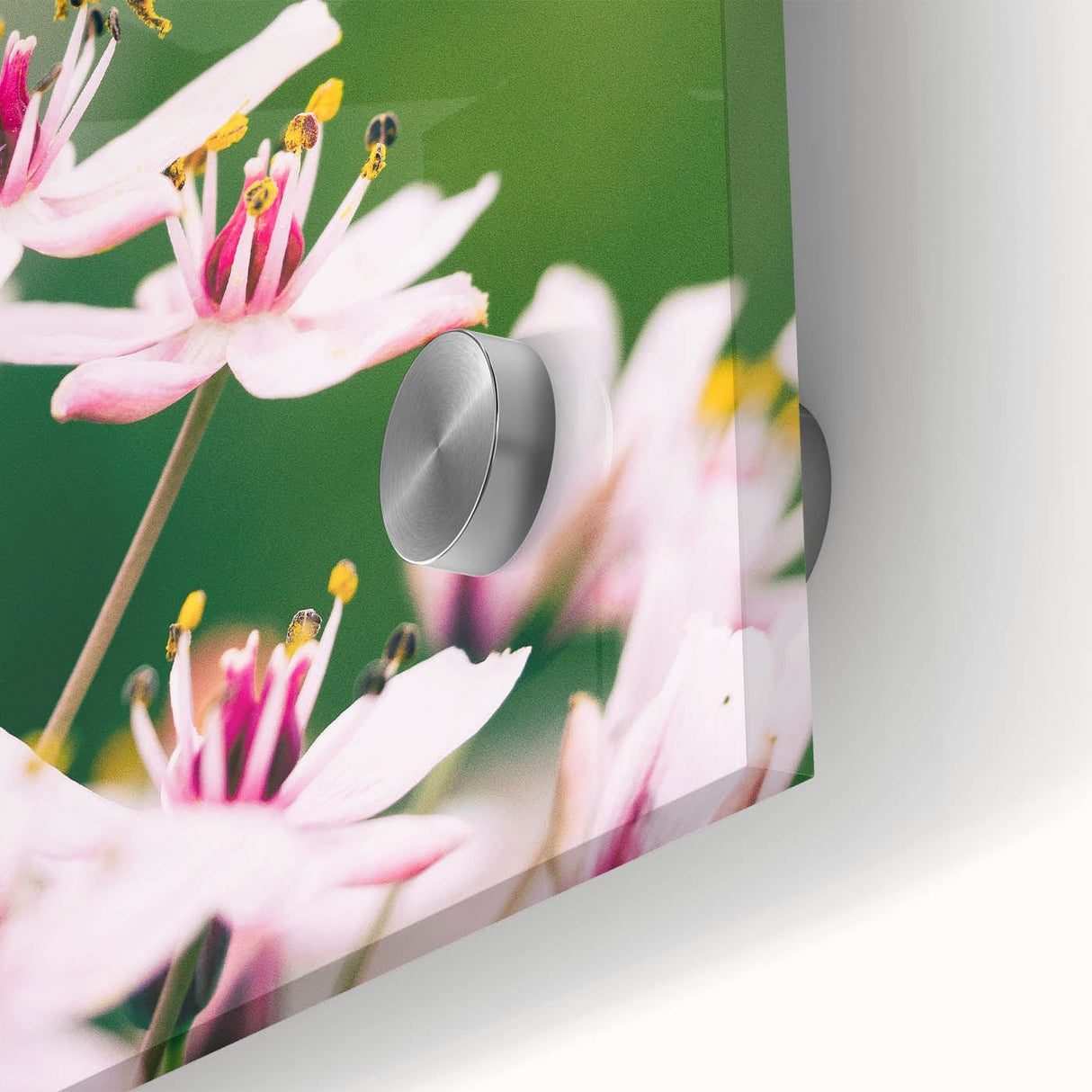 Large abstract wall art on acrylic glass depicting spring colors in a mid-century modernist style, ideal for dining room art.