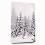 Large abstract wall art on acrylic glass depicting winter scene in muted blue and white tones.