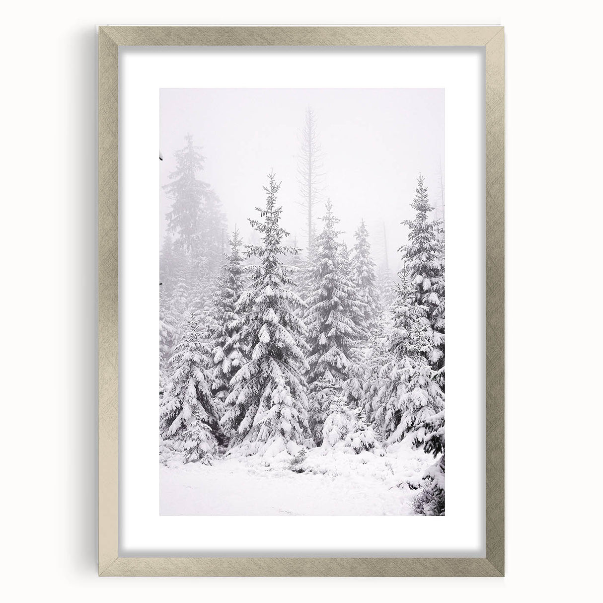 Textured art print of abstract winter scene in muted blue and white tones, framed in silver, ideal for bedroom wall decor.