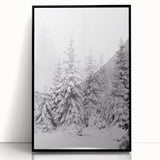 Large abstract wall art depicting winter scene in muted blue and gray tones, framed acrylic.