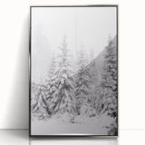 Mid-century modernist winter scene in muted blue tones on a framed acrylic, ideal for modern art wall decor.
