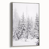 Winter landscape art painting on framed canvas, featuring a snowy scene in muted gray and silver tones.