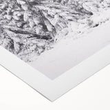 Art deco poster featuring a winter scene in muted blue and white tones on rolled canvas, suitable for dining room decor.