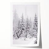 Rolled canvas print of a winter floral scene in muted blue and white tones, suitable for dining room or bathroom decor.