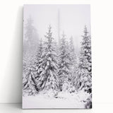 Winter-themed black and white stretched canvas depicting a snowy landscape, ideal for kitchen wall art or bedroom ambiance.