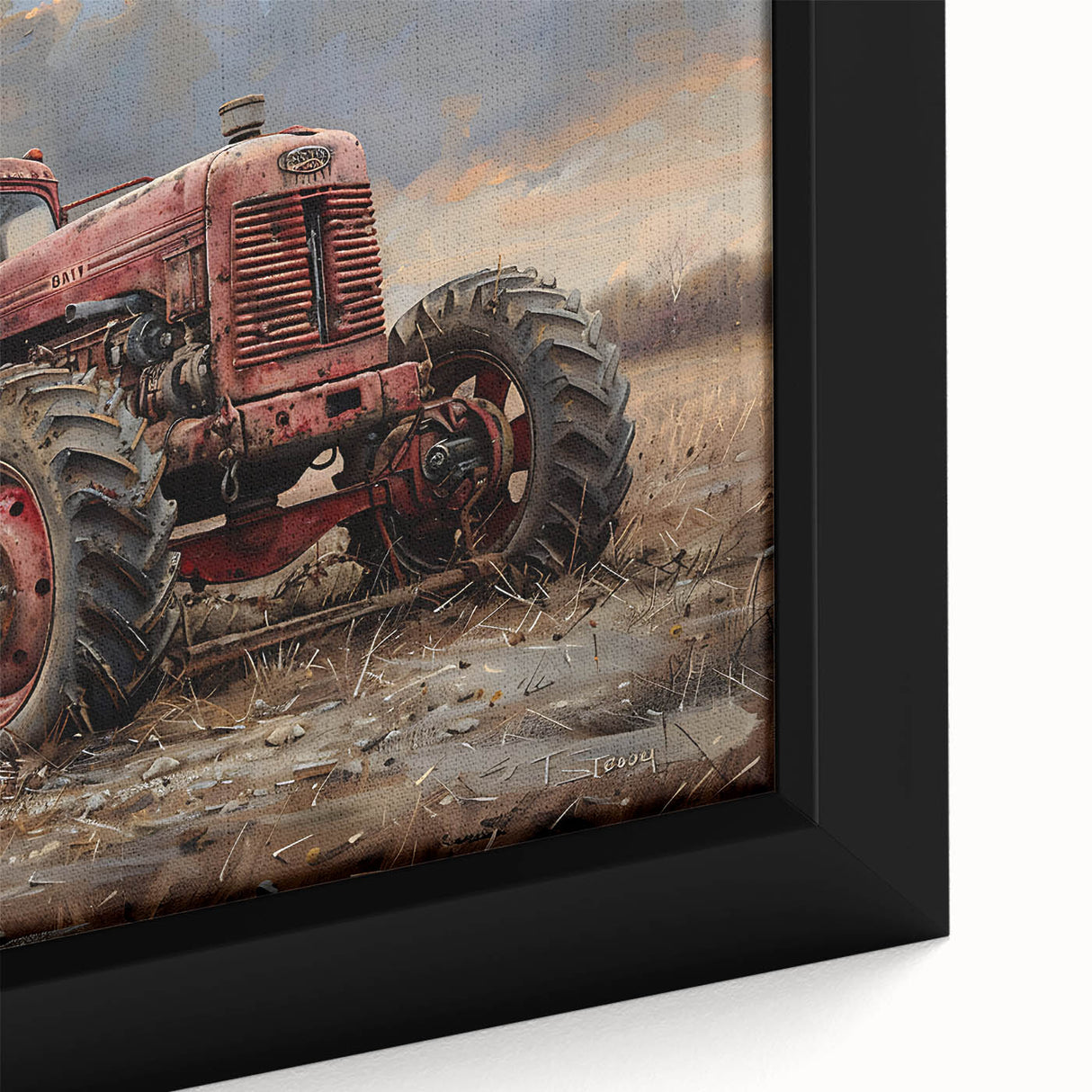 Black wall art featuring colorful, textured vehicles and transportation imagery on a large framed canvas.