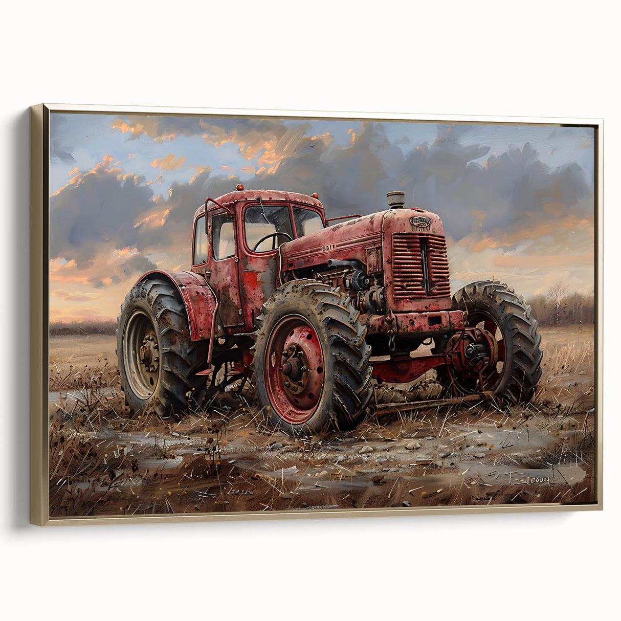 Framed canvas featuring a vintage poster of classic cars in black and gold, ideal for bedroom wall art.