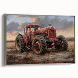 Landscape art painting of colorful vintage vehicles on black background in a silver frame, ideal for a home office.