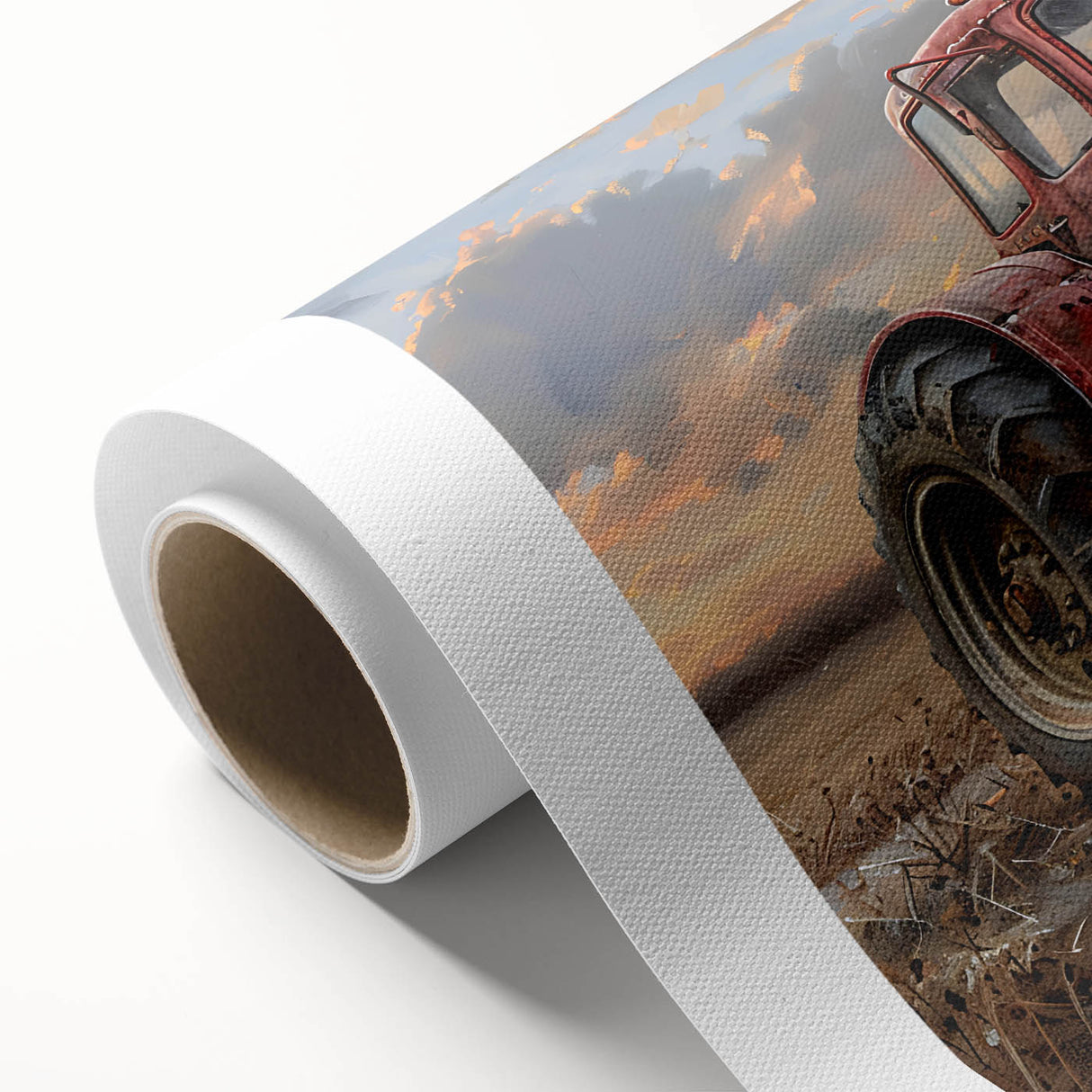 Art deco-style poster featuring colorful vintage cars on rolled canvas, suitable as nursery wall art or in a dining room.