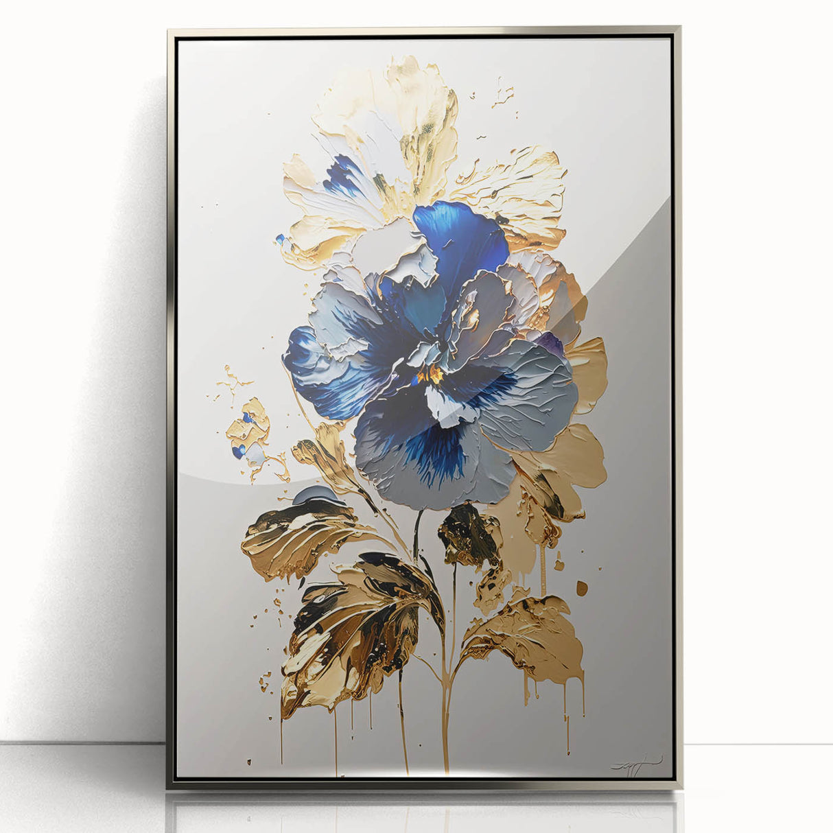 Luxury Blue & Gold Floral Wall Art – Modern Living Room Canvas