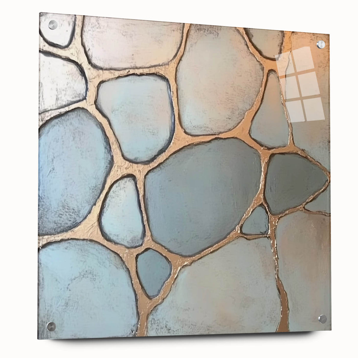 Abstract geometric acrylic glass art piece showcasing vibrant colors and intricate patterns, viewed from the side with decorative pins, ideal for modern home decor.