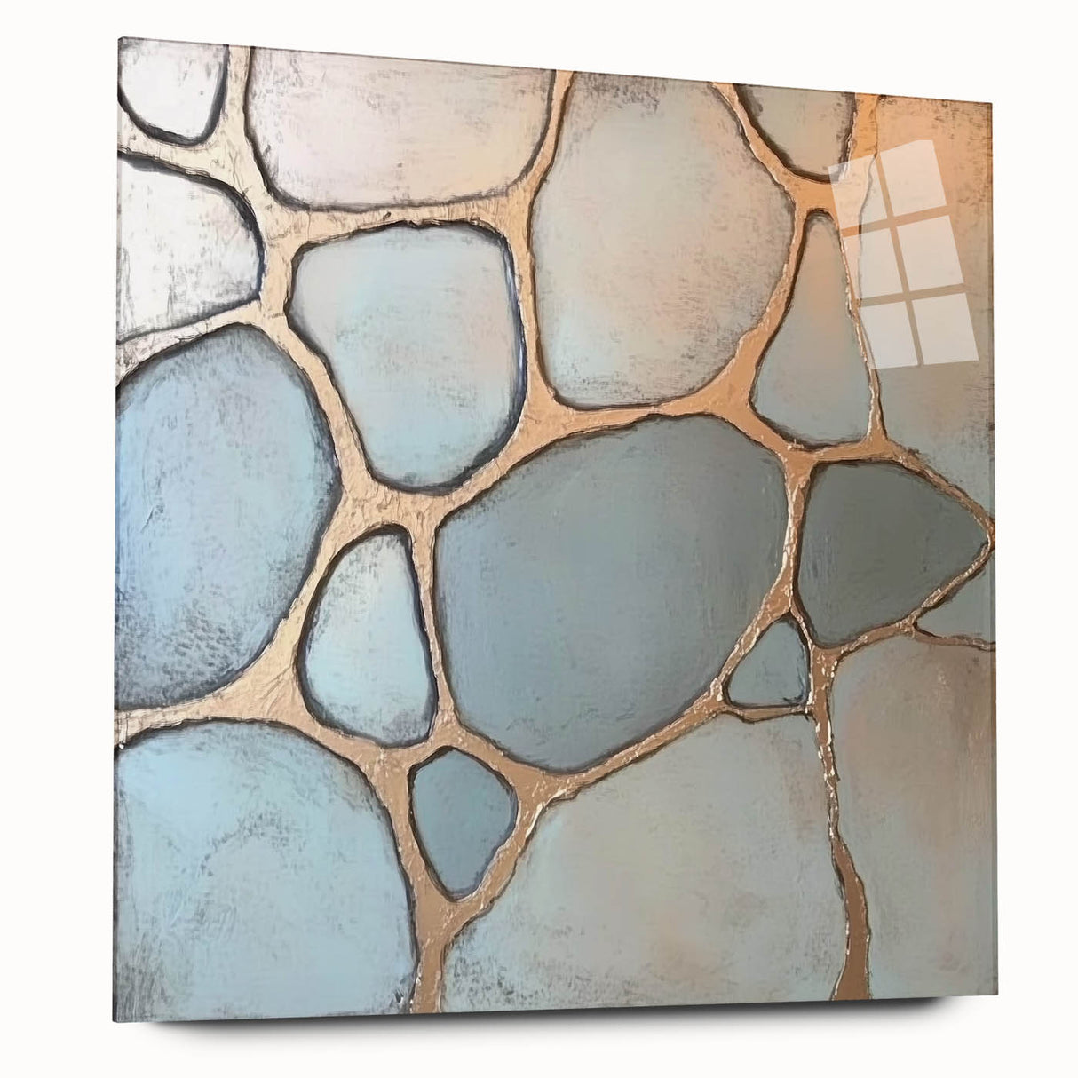 Abstract geometric acrylic glass artwork showcasing intricate patterns and vibrant colors, viewed from the side, highlighting its sleek design and modern aesthetic. Perfect for contemporary home decor.