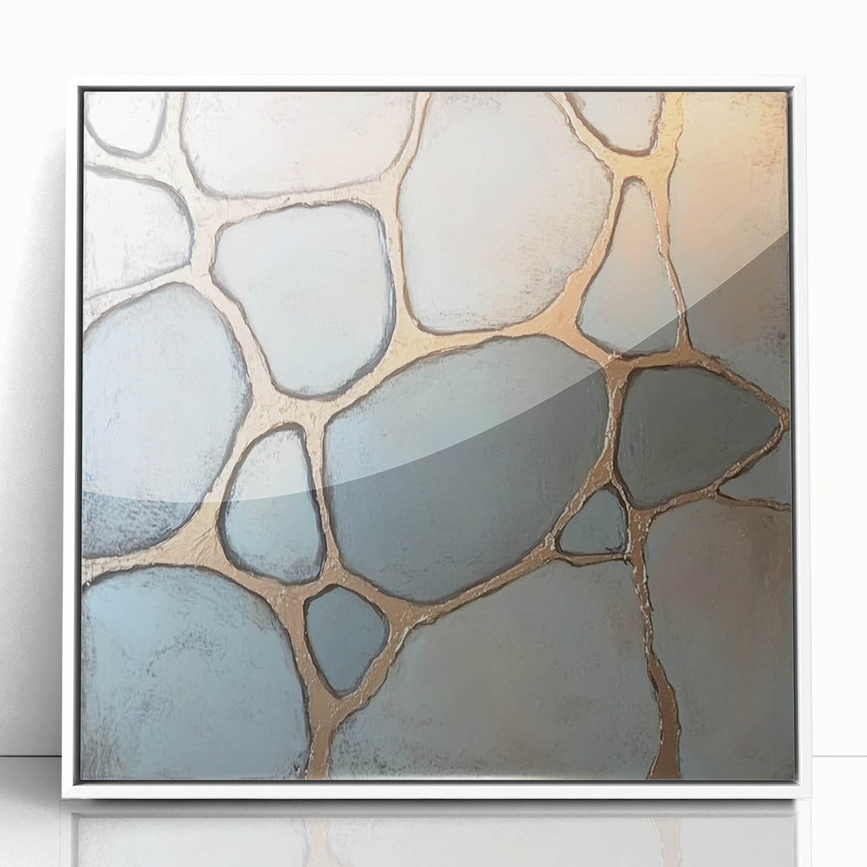 Framed acrylic artwork showcasing an abstract geometric design in white, featuring clean lines and modern aesthetics, perfect for contemporary decor.