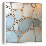 Abstract geometric framed canvas art in a sleek white frame, showcasing bold shapes and vibrant colors, perfect for modern home decor. Side view highlights the artistic depth and contemporary style ideal for enhancing any living space.