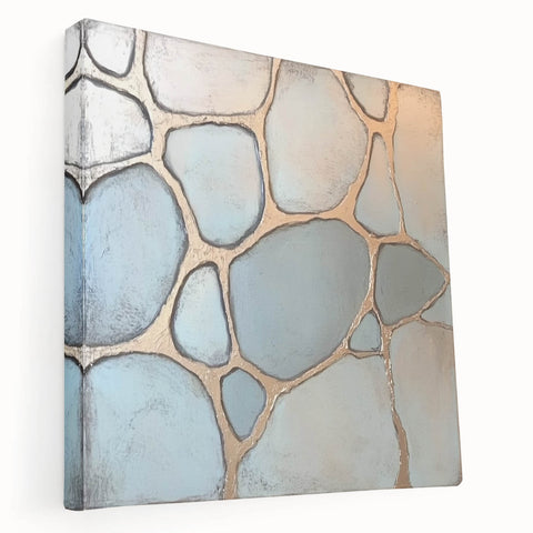 Abstract geometric wall art canvas featuring vibrant colors and intricate shapes, showcased from a side view, perfect for modern home decor. Ideal for adding a contemporary touch to any space.