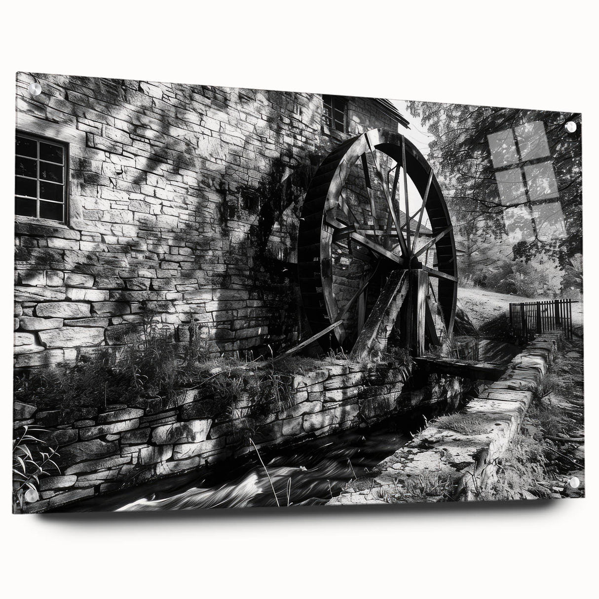 Large abstract wall art on acrylic glass featuring swirling blue and gray tones.