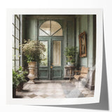 Extra large wall art featuring a detailed French door design in a muted gray palette on glossy photo paper.