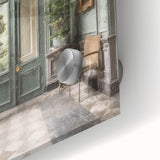 Mid-century modernist large abstract art print on acrylic glass, featuring a close-up of a French door in muted earth tones.