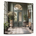 Acrylic print of a large abstract depiction of a French door, using muted gray and blue tones.