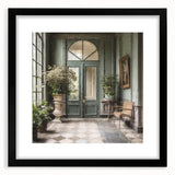 Extra large abstract art print featuring a textured, colorful depiction of a French door, framed in black.