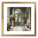 Extra large abstract art print featuring a textured depiction of a French door, in a gold frame.