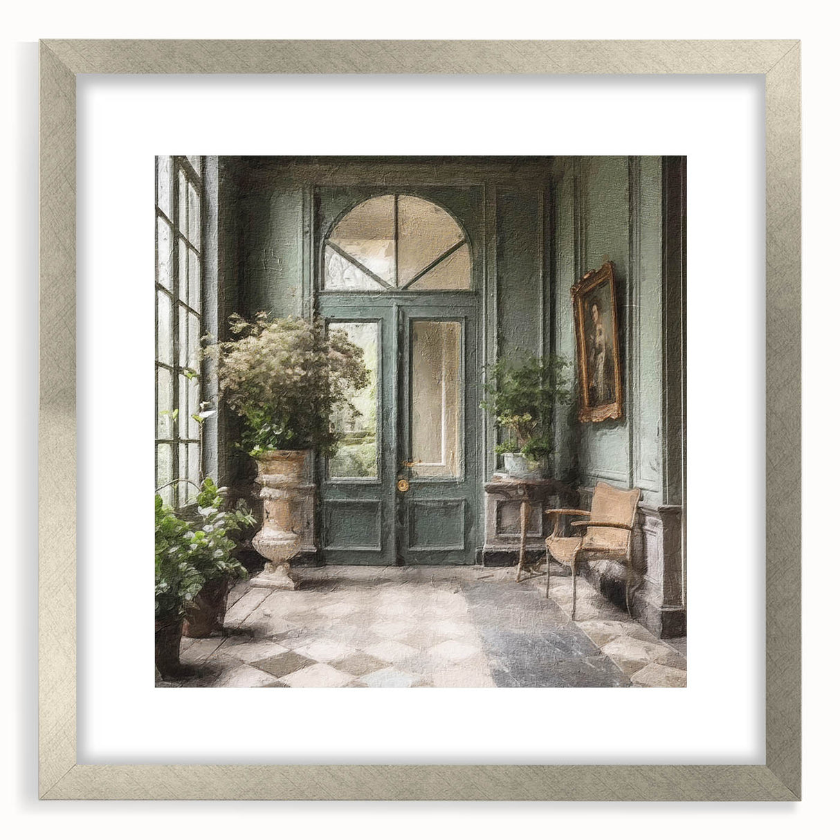 Textured art print of an abstract French door design in silver frame, suitable for bedroom wall decor.