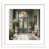 Abstract art print of a French door architecture in black and white, framed with a white mat.
