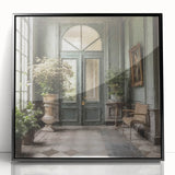 Large abstract wall art featuring a mid-century modernist style door in black and white, acrylic framed.