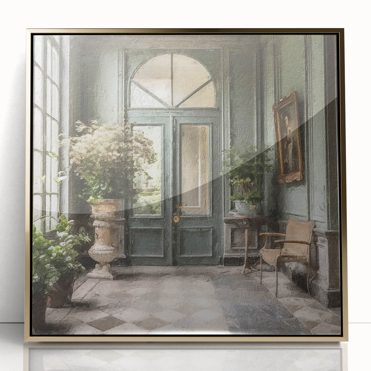 Mid-century modernist door design in gold and black tones on a framed acrylic, suitable for modern art wall decor.