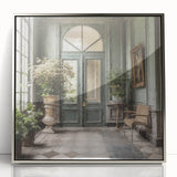 Mid-century modernist art depicting a French door in silver acrylic, ideal for nursery wall art.