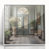 Art Deco style poster of a French door, framed acrylic in white, ideal for nursery wall art.