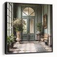 Black and white framed canvas featuring a vintage poster art style of a French door, ideal for bedroom wall decor.