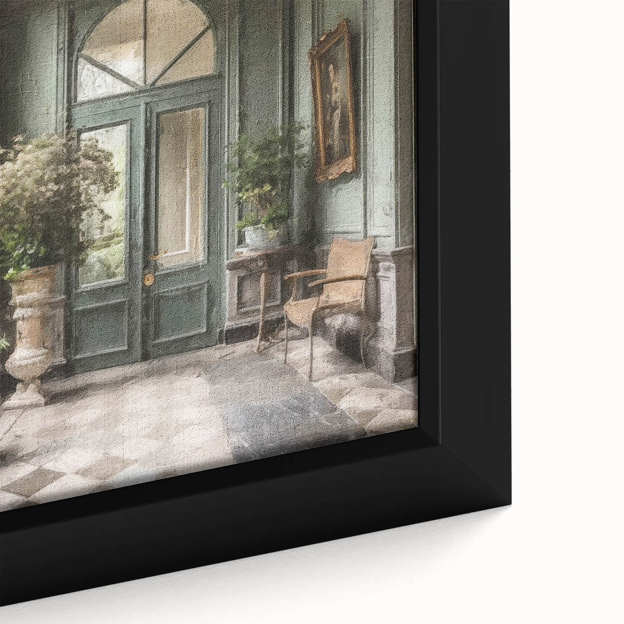 Close-up of a black framed canvas featuring a textured, colorful depiction of a French door.