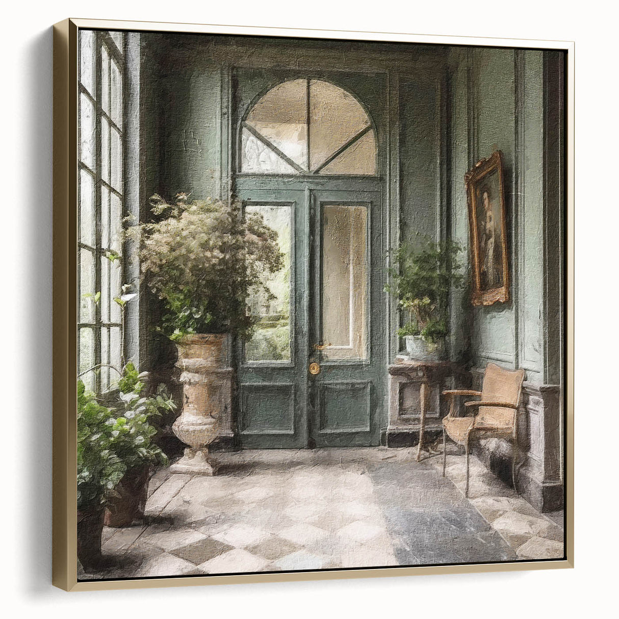 Framed canvas featuring a vintage poster of a French door architecture in silver and gold tones, ideal for bedroom wall art.