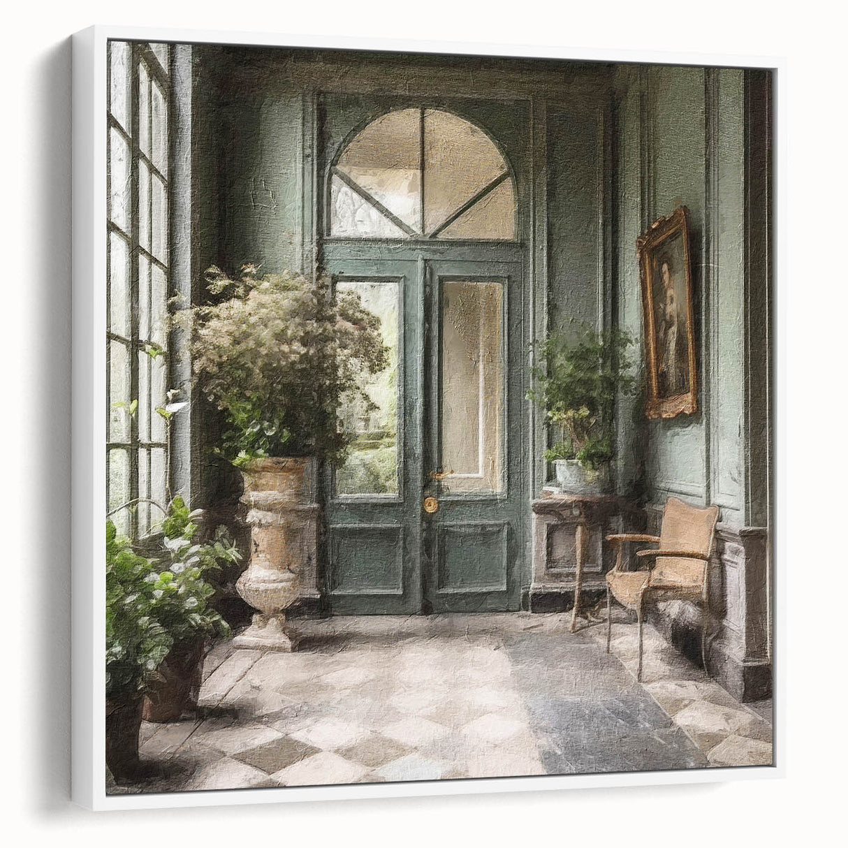 Vintage poster art of a French door, framed canvas in black and white, ideal for living room decor.