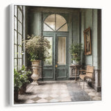 Vintage poster art of a French door, framed canvas in black and white, ideal for living room decor.