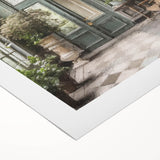 Art Deco poster featuring a detailed illustration of a French door, rendered in black and white on rolled canvas.