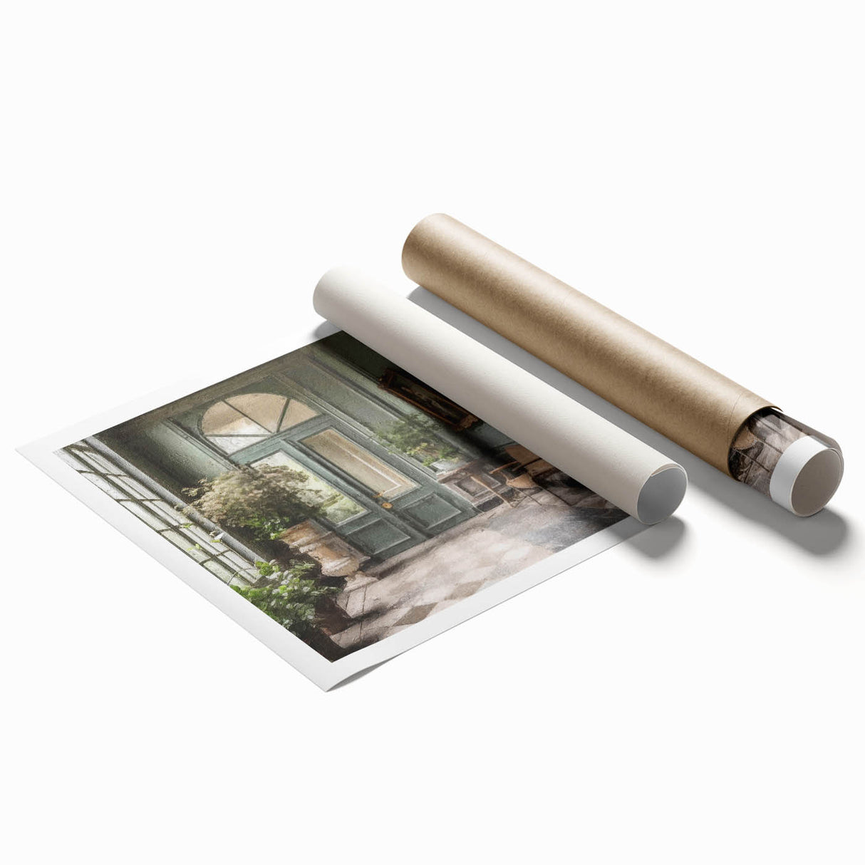 Extra large rolled print featuring a close-up of an ornate French door, in muted gray and ivory tones.