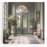 Black and white photo of a French door architecture on a large stretched canvas, suitable for kitchen wall art.