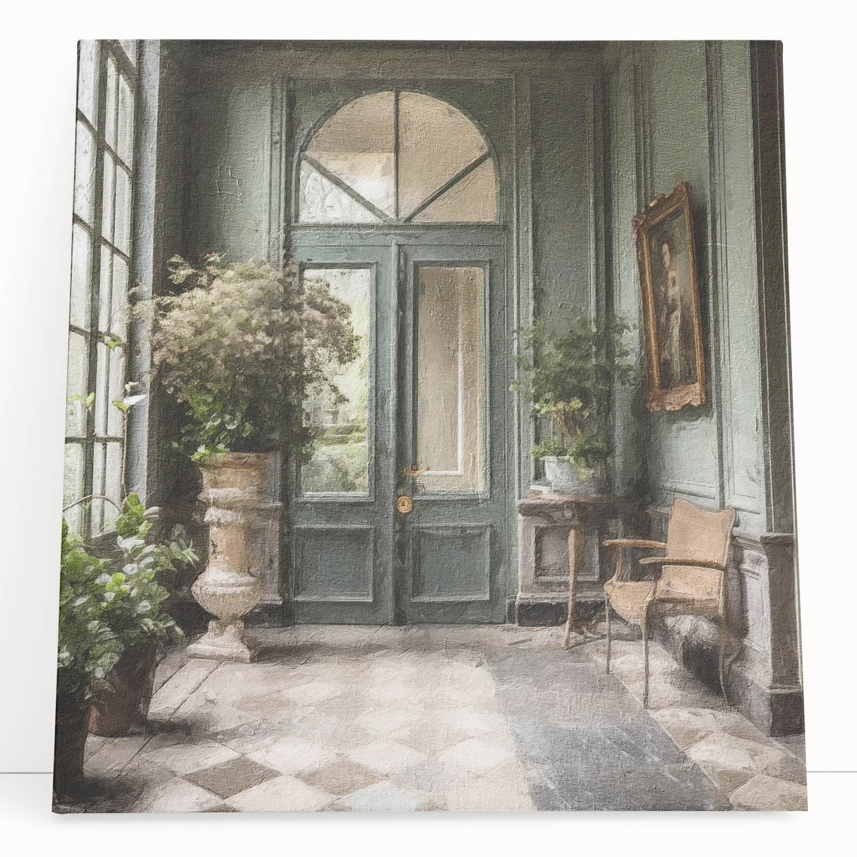 Black and white photograph of a detailed French door architecture on stretched canvas.