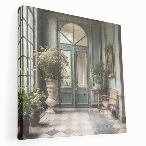 Side view of a large stretched canvas featuring a detailed French door design in muted earth tones.