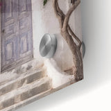 Close-up of a Greek architecture door design on acrylic glass, featuring mid-century modernist style.